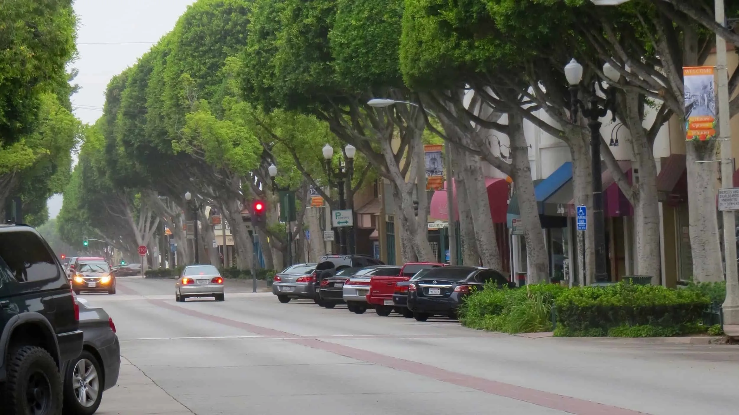 A tree-lined shopping street in Uptown Whittier